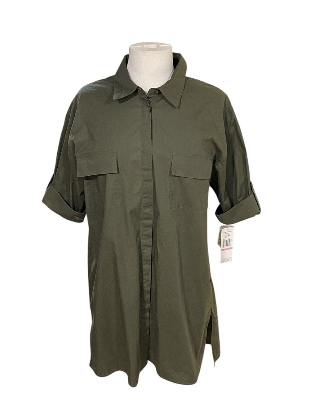 New-Sharagano Dark Green Collared Button Front Pocket Shirt Dress Size 10 NWT